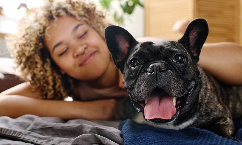 A woman with her French Bulldog